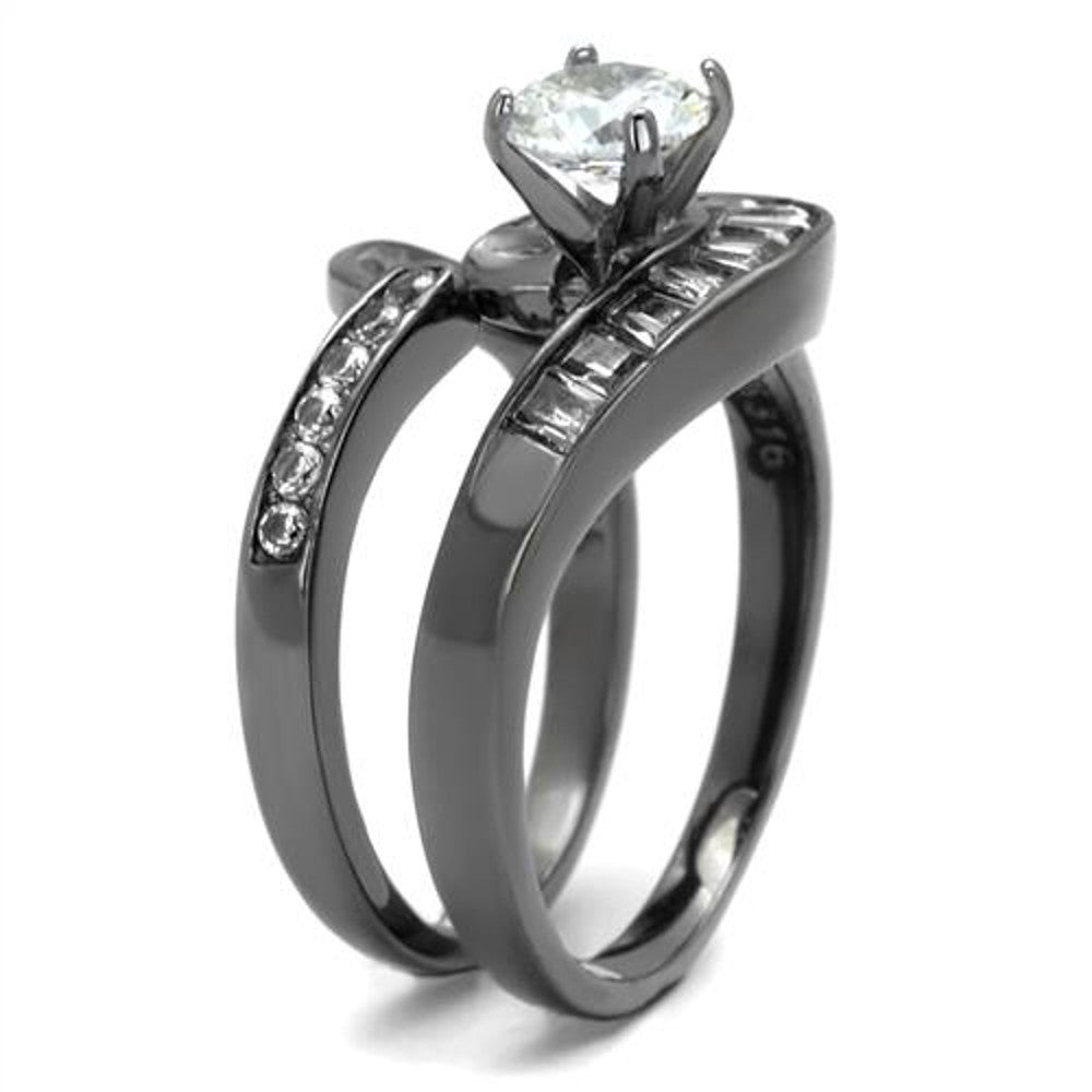 ARTK2546 Stainless Steel 1.38 Ct Round & Bagguete Cz Gray Wedding Ring Set Womens Sz 5-10